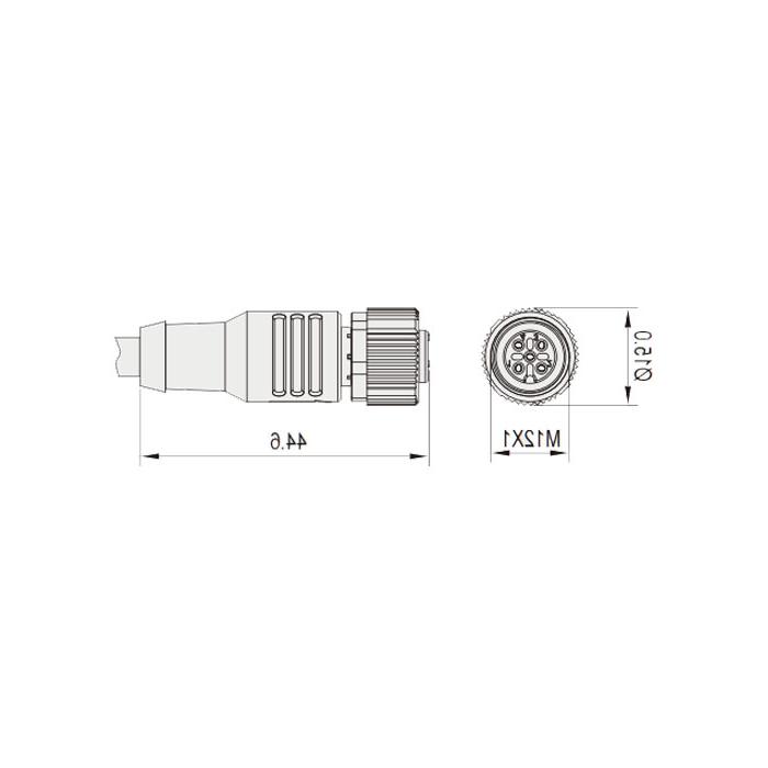 M12 4Pin 母头直型、IP 69K-ECOLAB、食品级、单端预铸PUR柔性电缆、黑色护套、64E021-XXX